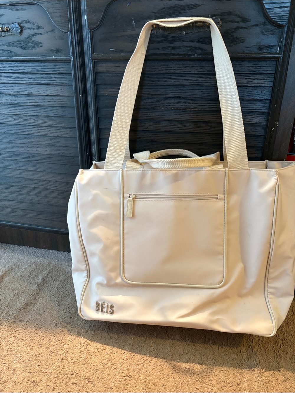 BEIS Cream Tote with Front Zip Pocket and Dual Straps
